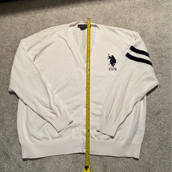 U.S. POLO ASSN White cardigan sweater 100% cotton with two navy blue stripes XXL - Picture 6 of 8